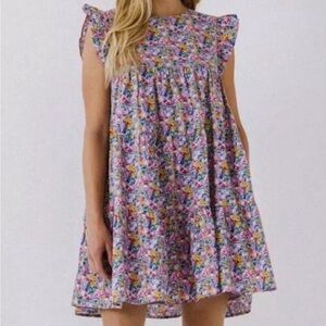 Free The Roses Size Small Floral Print Babydoll Dress Lilac Flutter Sleeve